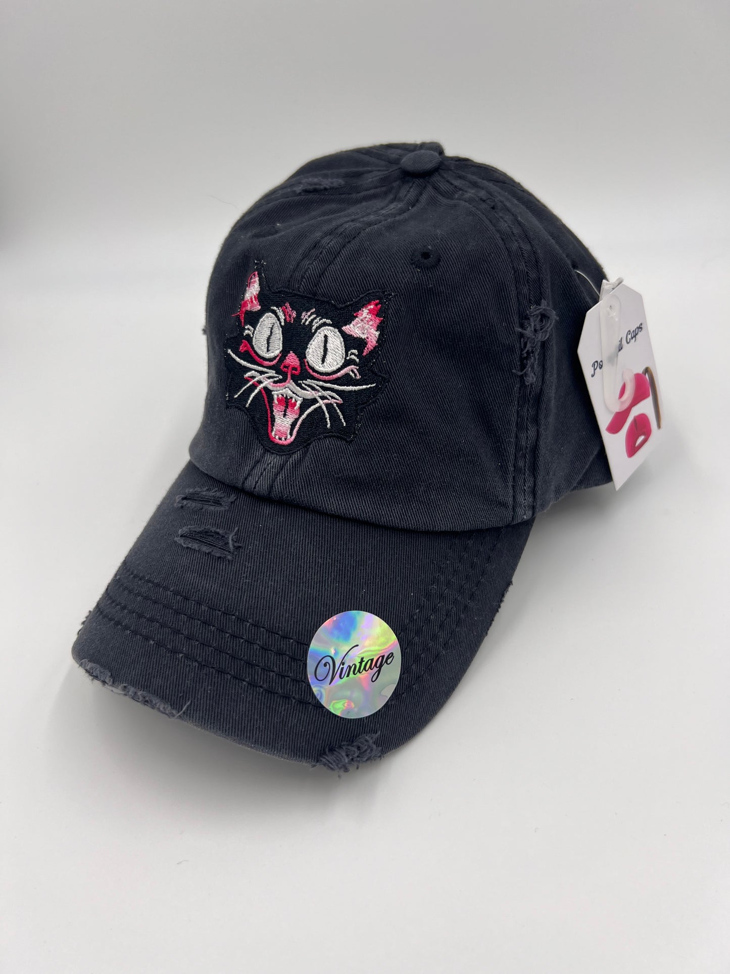 Black cat hat pony tail Velcro back