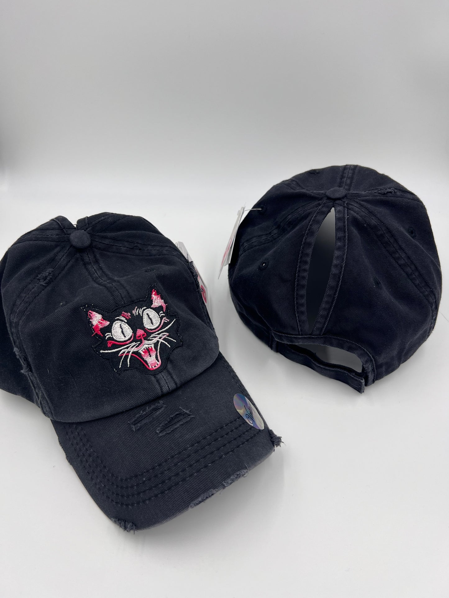 Black cat hat pony tail Velcro back